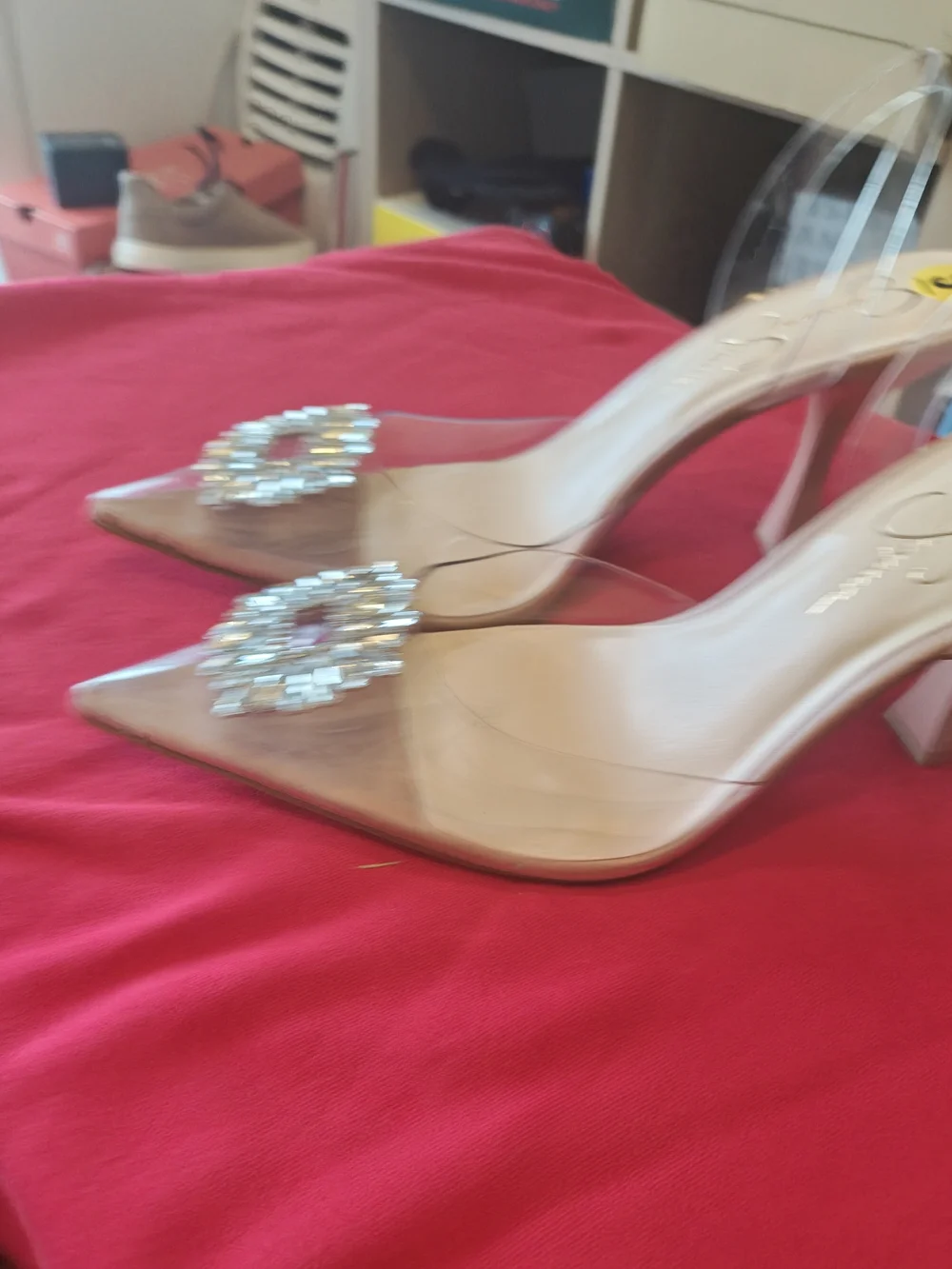 Jessica Simpson Clear PVC Slingback Heels with Crystal Brooch - Nude